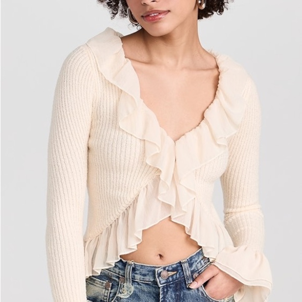 New Moon River Cream Ruffle Knit Top